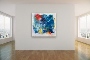 Summer Wind Acrylic Abstract by Red, 48x 48, Gallery Wrap Canvas, Hung on White Wall for Display