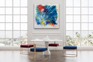 Acrylic Abstract by Red, 48x 48, Gallery Wrap Canvas, Hung on Wall with Blue, Raspberry Stools and White Table