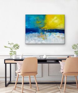 Where The Skies Are Blue Oil Abstract by Red, 36" x 48", gallery Wrap Canvas, Hung Over Writing Desk,