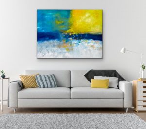 Where The Skies Are Blue Oil Abstract by Red, #6" x 48", gallery Wrap Canvas, Hung Over Light gray Couch