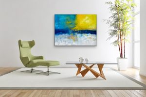 Where The Skies Are Blue Oil Abstract by Red, 36" x 48", gallery Wrap Canvas, Hung with Green Lounge Chair