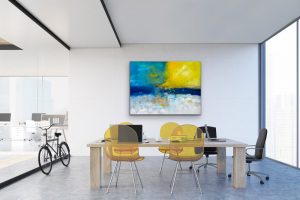 Where The Skies Are Blue Oil Abstract by Red, 36" x 48", gallery Wrap Canvas, Hung in Modern Conference Room with Yellow Chairs