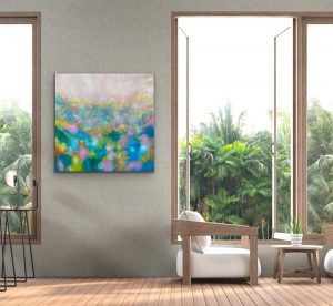 Wildflower Bliss Oil Abstract by Red, 40x40, Gallery Wrap Canvas Hung in Bright Casual Setting