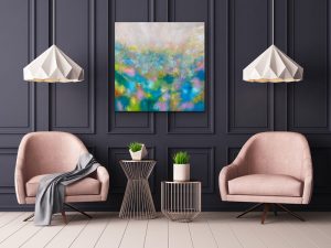 Wildflower Bliss Oil Abstract by Red, 40x40, Gallery Wrap Canvas Hung on Dark Gray Wall with Pink Chairs