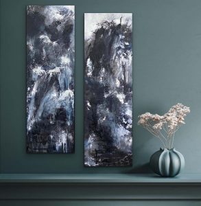 Hello Darkness - Diptych by Red, Acrylic abstracts, 2) 30x10 on gallery wrap canvas, hung on greenish blue wall