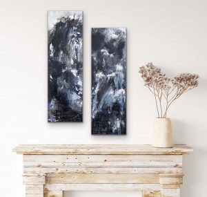 Hello Darkness - Diptych by Red, Acrylic abstracts, 2) 30x10 on gallery wrap canvas, hung on white wall