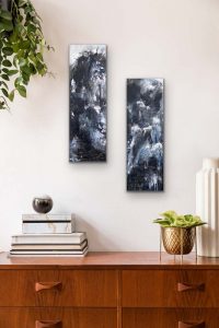 Hello Darkness - Diptych by Red, Acrylic abstracts, 2) 30x10 on gallery wrap canvas, hung on over brown cabinet
