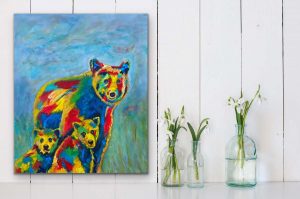 Mom's Pride and Joy, An acrylic Painting by Red of a Mama bear and her 2 cubs, 30x24, Gallery Wrap Canvas Hung on White Panel Wall