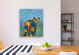 Mom's Pride and Joy, an acrylic Painting by Red of a mama bear and her 2 cubs, 30x24, Gallery Wrap Canvas Hung on wall near dining table