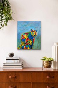 Mom's Pride and Joy, An acrylic Painting by Red, A fun painting of a mama bear with her 2 cubs., 30x24, gallery wrap canvas, hung over wooden cabinet