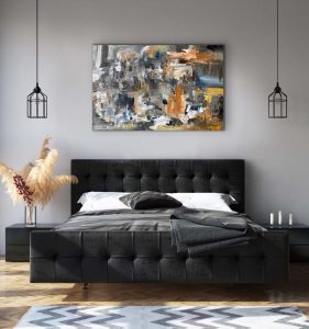 No Thinking Thing Acrylic Abstract by Red, 60x40 gallery wrap canvas hung over charcoal gray upholstery bed