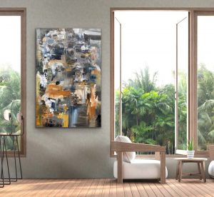 No Thinking Thing Acrylic Abstract, 60x40 gallery wrap canvas hung in Enclosed Sunroom
