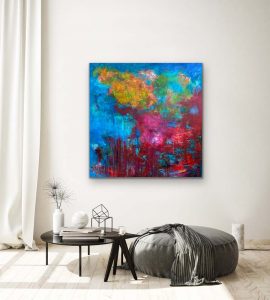 Spirited Fusions Abstract by Red, 40x40, Acrylic, Gallery Wrap Canvas Hung on Wall in room with causal seating