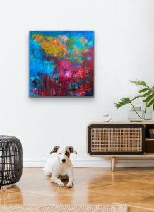 Spirited Fusions - Personality in Art, Abstract by Red, 40x40, Acrylic, Gallery Wrap Canvas Hung on Wall in room with cute dog