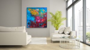 Spirited Fusions - Personality in Art - Abstract by Red, 40x40, Acrylic, Gallery Wrap Canvas Hung on Wall in room with large white Sofas