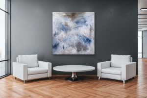 Whispering Winds Oil Abstract by Red, gallery wrap canvas, 48x48, Hung on Dark Gray Wall with White Chairs