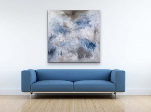 Whispering Winds Oil Abstract by Red, gallery wrap canvas, 48x48, Hung with Light Blue Couch