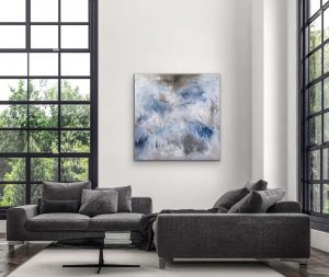 Whispering Winds Oil Abstract by Red, gallery wrap canvas, 48x48, Hung with Charcoal Gray Sofas