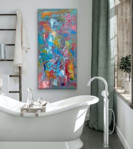 Crazy Beautiful, Colorful Acrylic Abstract by Red on gallery wrap canvas, 60" x 30", Hung in Bathroom