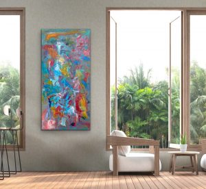 Crazy Beautiful, Colorful Acrylic Abstract by Red on gallery wrap canvas, 60" x 30", Hung in Sunroom