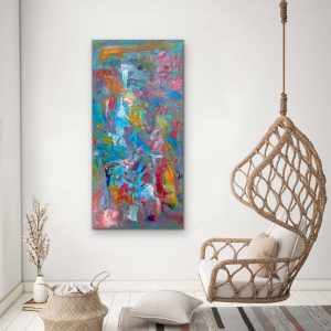 Crazy Beautiful, Colorful Acrylic Abstract by Red on gallery wrap canvas, 60" x 30", Hung in casual setting with Wicker Chair