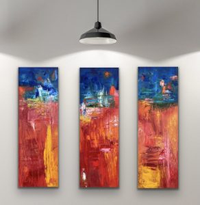 Fiery Trio Acrylic Triptych by Red 3) 36" x 12" On Gallery Wrap Canvas Hung On White Display Wall
