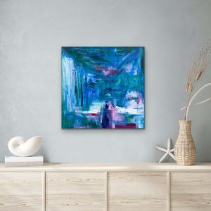 The Pull of Color Acrylic Abstract by Red, 18 x 18, Gallery Wrap Canvas, Hung with Nautical Accessories