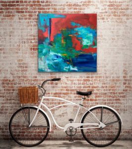 Live With Red Acrylic Abstract 36x36 on gallery wrap canvas hung on brick wall over bicycle