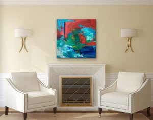 Live With Red Acrylic Abstract 36x36 on gallery wrap canvas hung over fireplace with white chairs