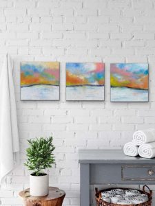 Sunset Dreams Oil Abstract Triptych by Red in Bathroom Setting