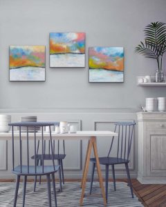 Sunset Dreams Oil Abstract Triptych by Red in Kitchen Nook Setting