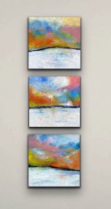 Sunset Dreams Small Oil Abstract Triptych Hung Vertically On Display Wall