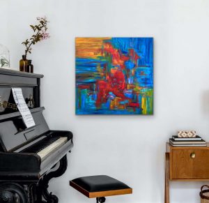 Blue on Fire Acrylic Abstract by Red, Gallery Wrap Canvas, 40 x 40, In Room Setting with Piano