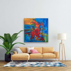 Blue on Fire Acrylic Abstract by Red, Gallery Wrap Canvas, 40 x 40, In Room Setting Hung Over Yellow Couch