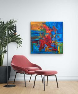 Blue on Fire Acrylic Abstract by Red, Gallery Wrap Canvas, 40 x 40, In Room Setting with Chair and Ottoman