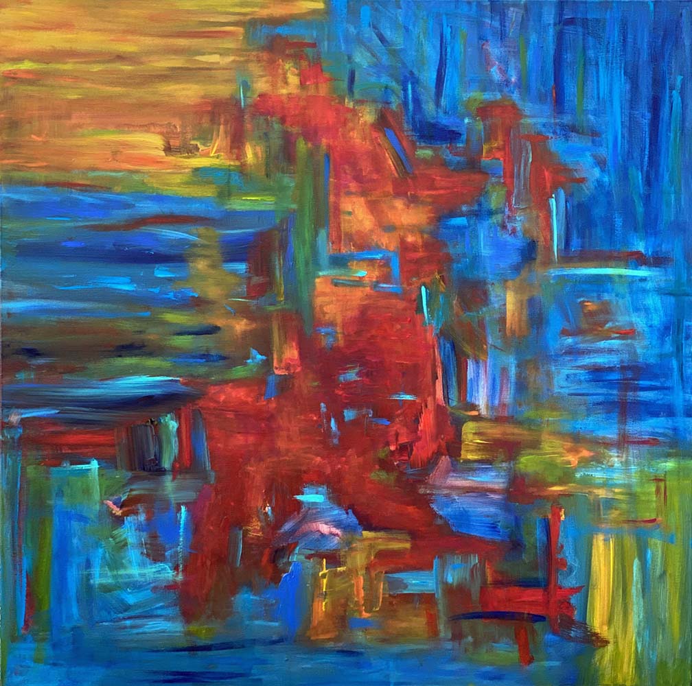 Blue on Fire Acrylic Abstract by Red, Gallery Wrap Canvas, 40 x 40