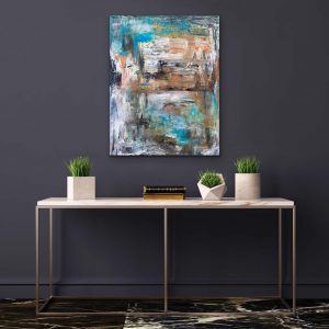 Fading to Illusions, Oil Abstract by Red, 30x24 on gallery wrap canvas Hung over Console table on dark wall