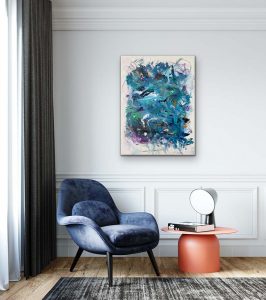 The Happy Artist - Acrylic Abstract by Red on gallery wrap canvas Hung with Dark Blue Chair