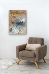 Liquid Elements Acrylic Abstract by Red, 24x18, Hung With Taupe Chair