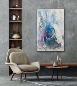 Something Mysterious Acrylic Abstract by Red On Gallery Wrap Canvas 60"x 40" Hung On Gray Wall With Beige Chair