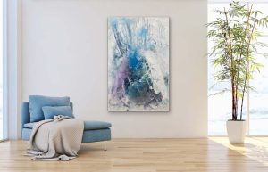 Something Mysterious Acrylic Abstract by Red On Gallery Wrap Canvas 60"x 40" Hung with Light Blue Chair