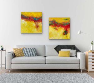 Walking On Sunshine Abstract Diptych by Red, 24x24, Gallery Wrap Canvas hung over light gray couch