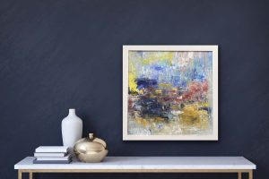 Harmony of Colors Oil Abstract by Red in white wood glass frame, 20"x 20" With Frame, Hung on Dark Wall with White Console Table