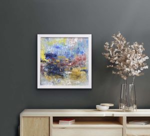 Harmony of Colors Oil Abstract by Red in white wood glass frame, 20"x 20" With Frame, Hung on Dark Gray, Green Wall over Console Table
