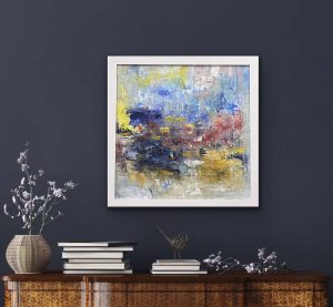 Harmony of Colors Oil Abstract by Red in white wood glass frame, 20"x 20" With Frame, Hung on Dark Wall over Console table