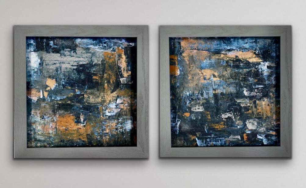 Dark Beauty -Diptych Abstract by Red 14x14 each with Gray Frame