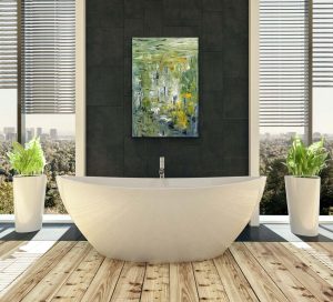 A Glimpse Into The Rainforest Oil Abstract by Red, 36x24, Gallery Wrap Canvas, hung over soaking tub