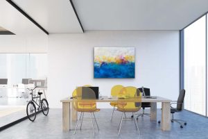 Brighter Days Acrylic Abstract by Red on gallery wrap canvas, 30" x 40" hung in casual conference room
