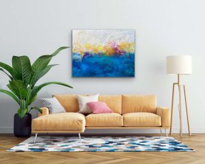 Brighter Days Acrylic Abstract by Red on gallery wrap canvas, 30" x 40" hung over Yellow sofa