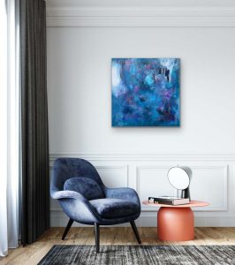 Acrylic Abstract by Red, 24" x 24", gallery wrap canvas, hung with Blue Chair